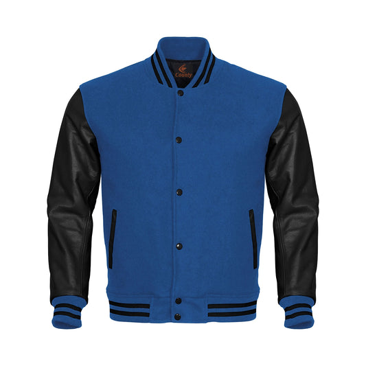 Team Varsity Jackets Blue Body and Black Leather Sleeves Varsity Jacket