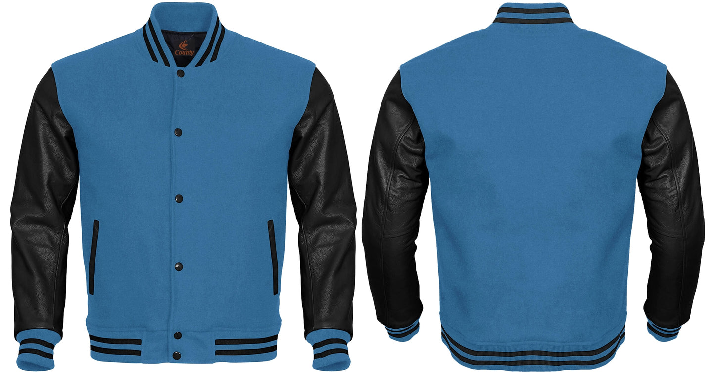 Varsity Jacket Women Sky Blue Body and Black Leather Sleeves Varsity Jacket