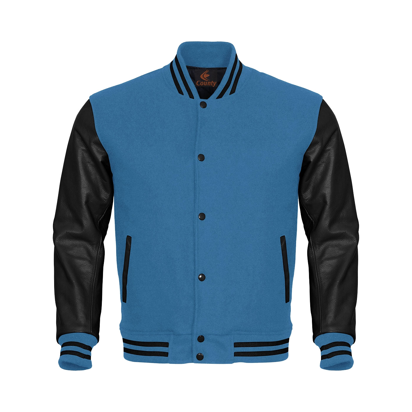 Varsity Jacket Women Sky Blue Body and Black Leather Sleeves Varsity Jacket