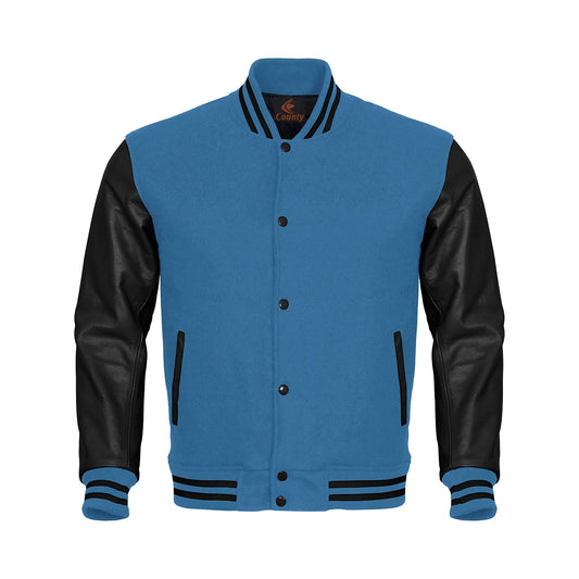 Varsity Jacket Women Sky Blue Body and Black Leather Sleeves Varsity Jacket