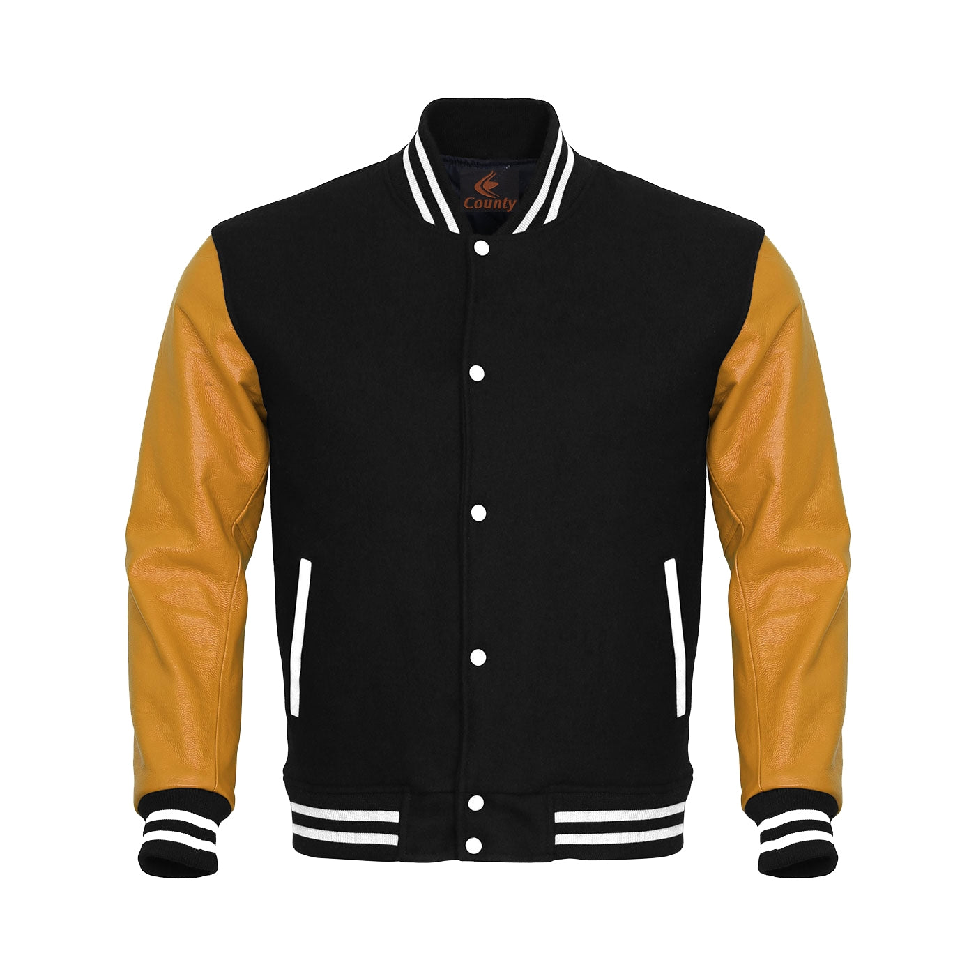 Varsity Jacket Black Body and Gold Leather Sleeves Letterman Jacket