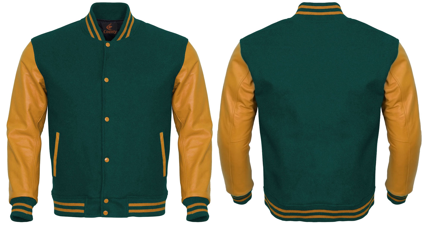 Varsity Jacket Mens Green Body and Gold Leather Sleeves Varsity Jacket