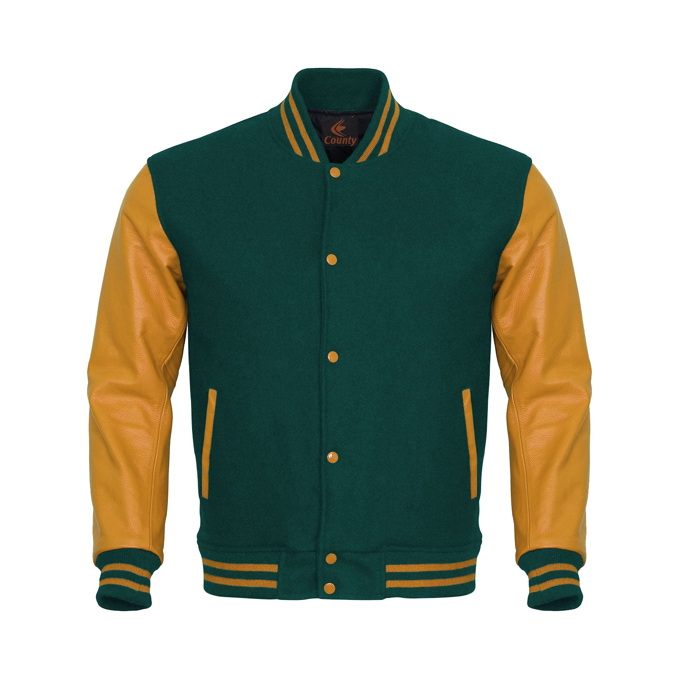 Varsity Jacket Mens Green Body and Gold Leather Sleeves Varsity Jacket