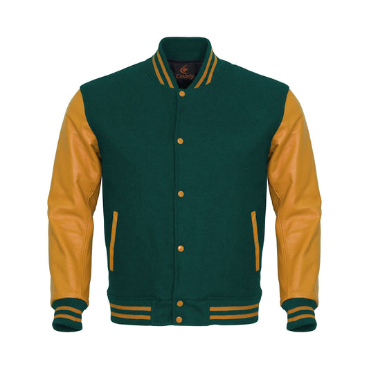 Varsity Jacket Mens Green Body and Gold Leather Sleeves Varsity Jacket