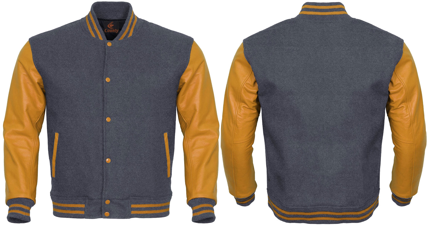 Varsity Jacket Mens Gray Body and Gold Leather Sleeves Varsity Jacket