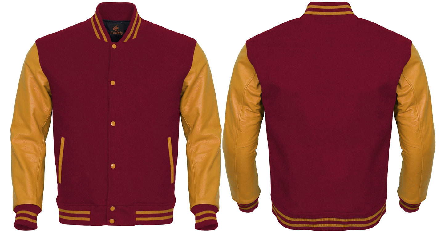 Custom Varsity Jackets Maroon Body and Gold Leather Sleeves Varsity Jacket