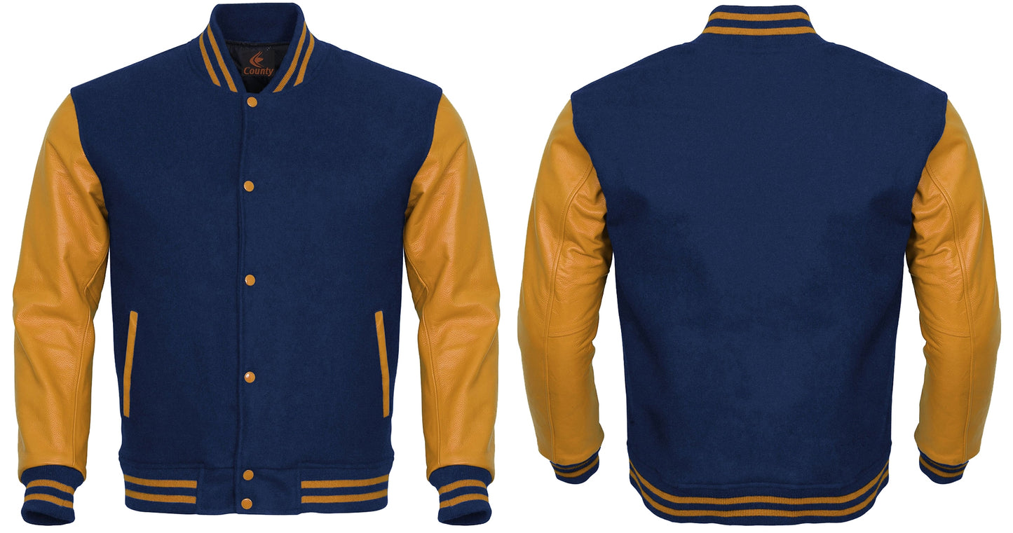 Team Varsity Jackets Navy Blue Body and Gold Leather Sleeves Varsity Jacket