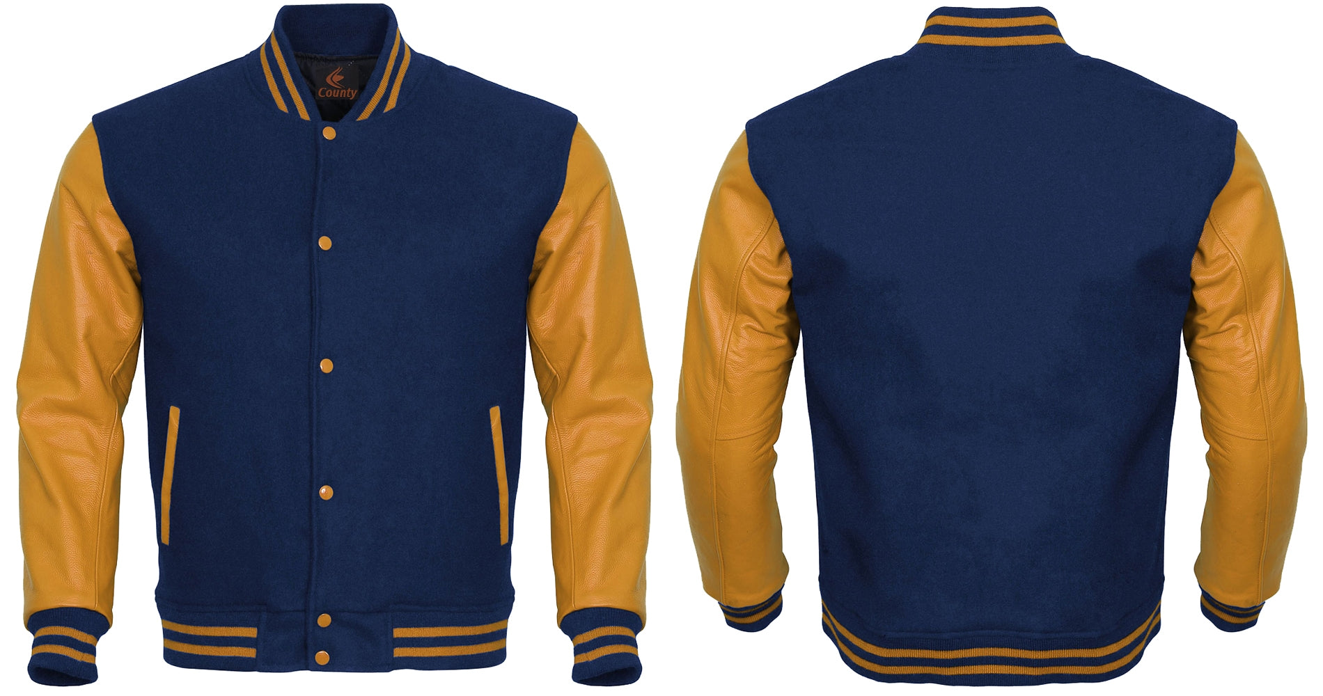 Team Varsity Jackets Navy Blue Body and Gold Leather Sleeves Varsity Jacket