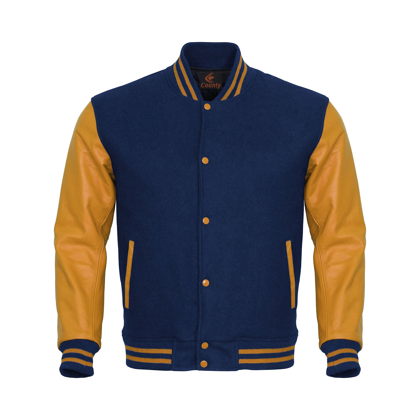 Team Varsity Jackets Navy Blue Body and Gold Leather Sleeves Varsity Jacket