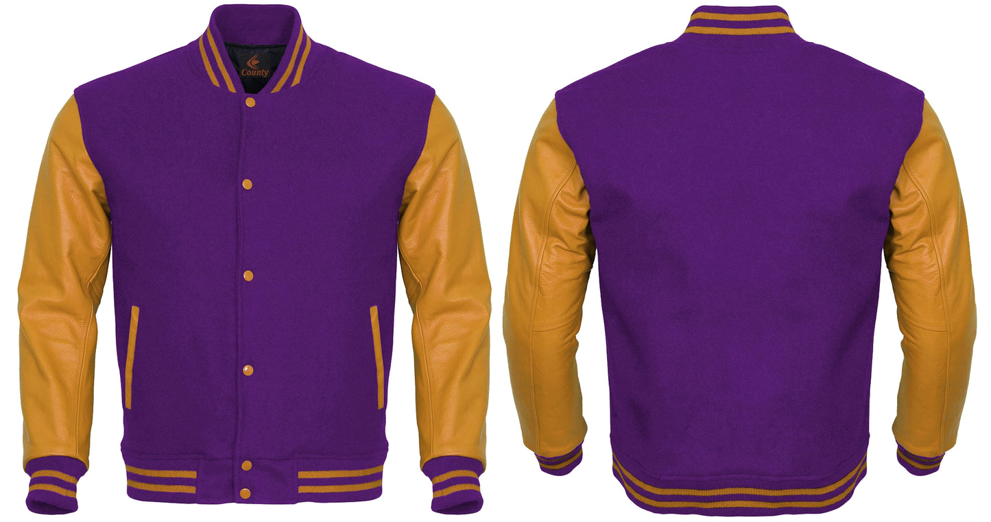 Varsity Jacket Women Purple Body and Gold Leather Sleeves Varsity Jacket