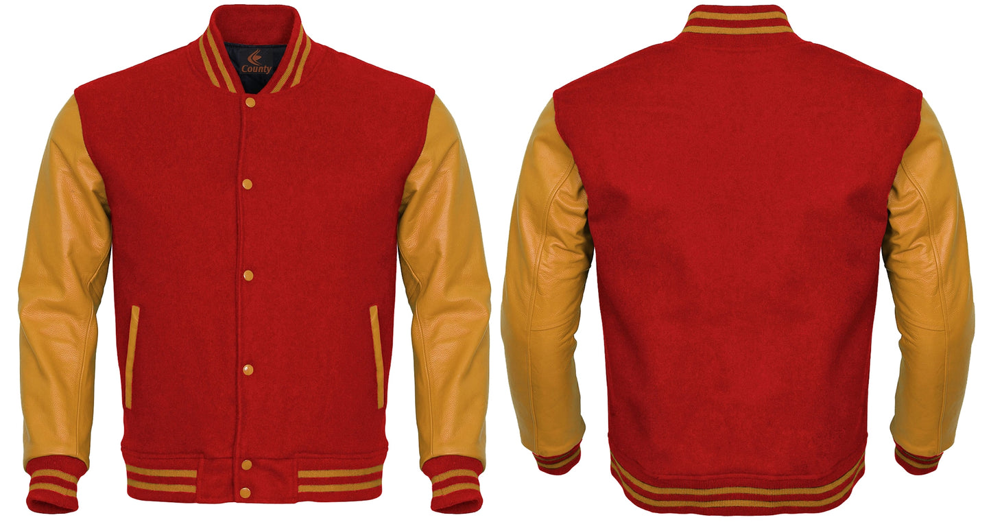 Varsity Jacket Women Red Body and Gold Leather Sleeves Varsity Jacket