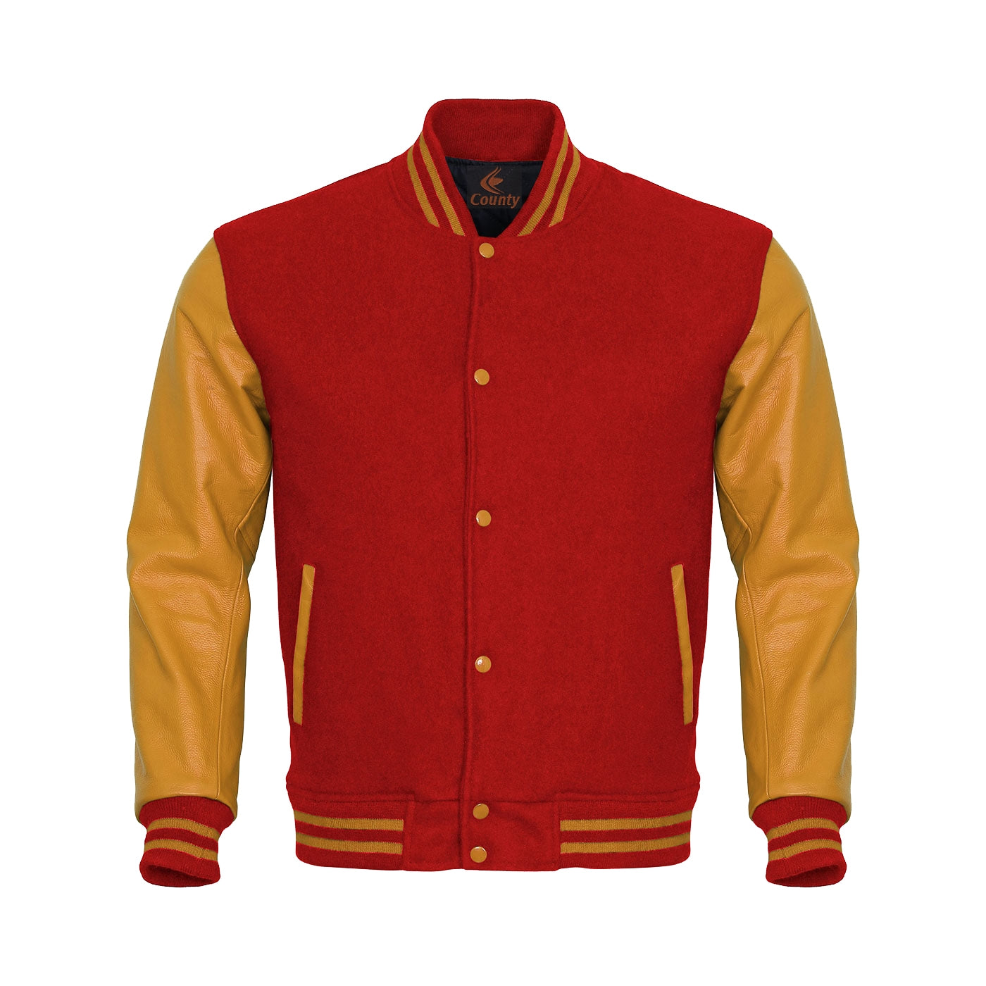 Varsity Jacket Women Red Body and Gold Leather Sleeves Varsity Jacket