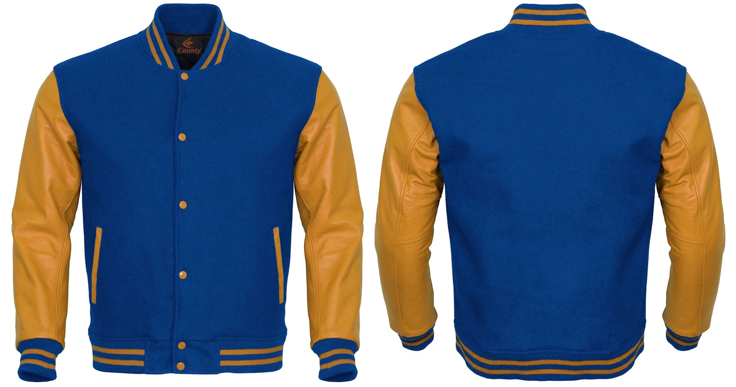 Team Varsity Jackets Blue Body and Gold Leather Sleeves Varsity Jacket