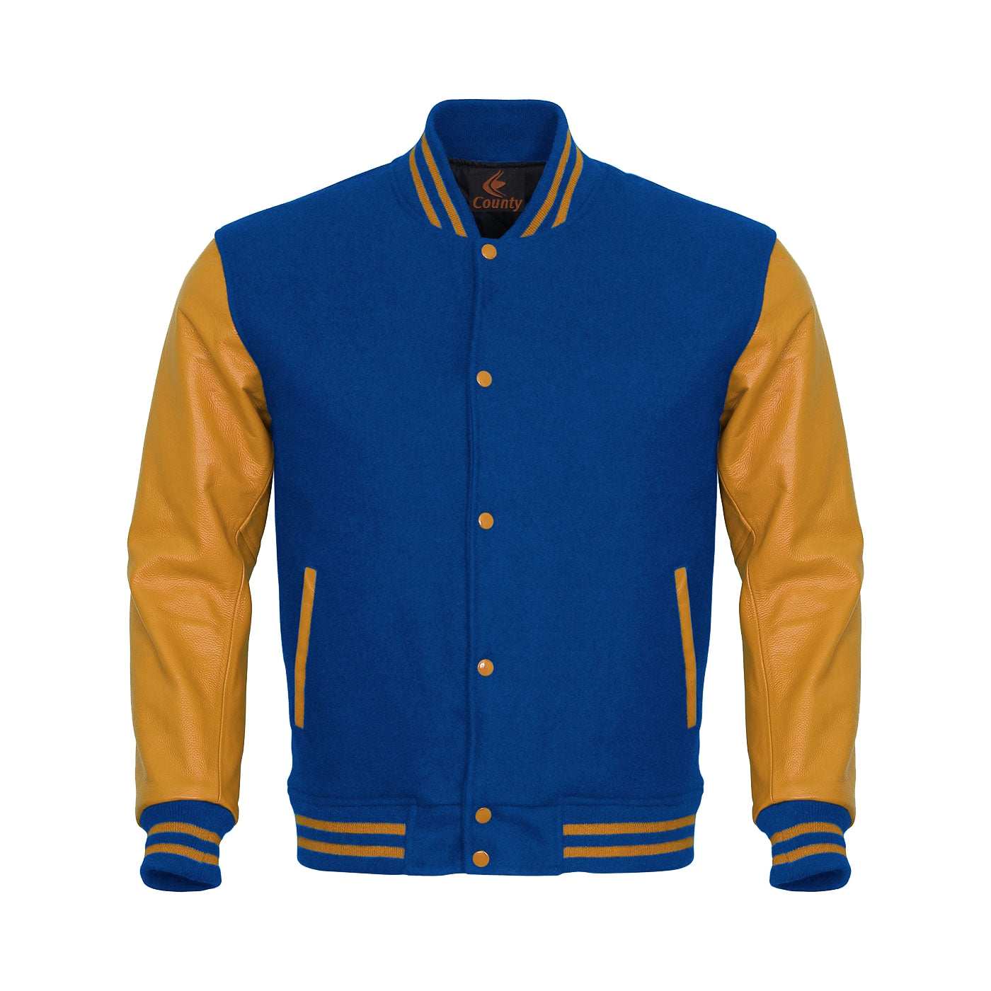 Team Varsity Jackets Blue Body and Gold Leather Sleeves Varsity Jacket