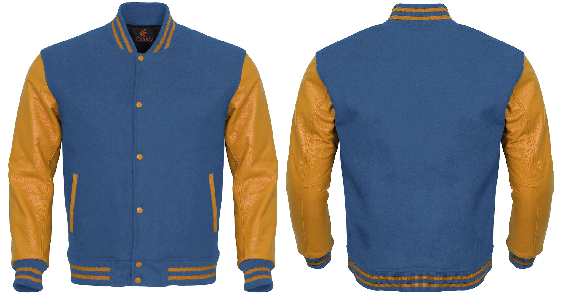 Varsity Jacket Women Sky Blue Body and Gold Leather Sleeves Varsity Jacket