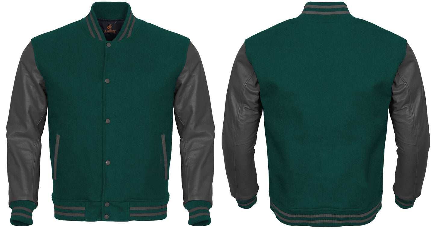 Varsity Jacket Mens Green Body and Gray Leather Sleeves Varsity Jacket