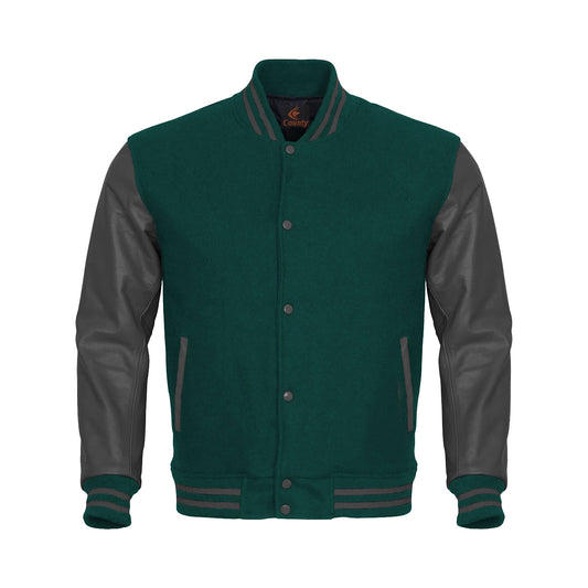 Varsity Jacket Mens Green Body and Gray Leather Sleeves Varsity Jacket