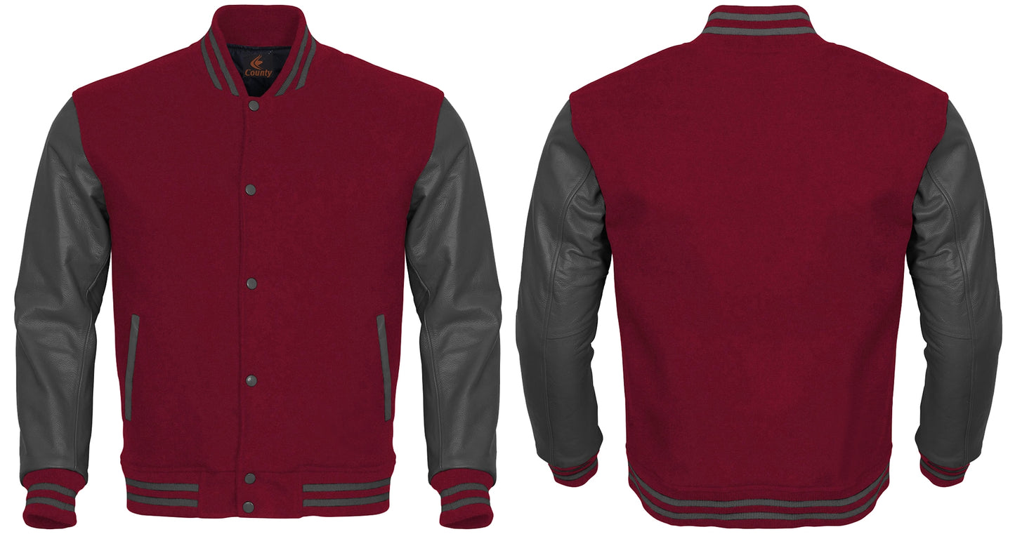 Custom Varsity Jackets Maroon Body and Gray Leather Sleeves Varsity Jacket