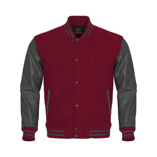 Custom Varsity Jackets Maroon Body and Gray Leather Sleeves Varsity Jacket