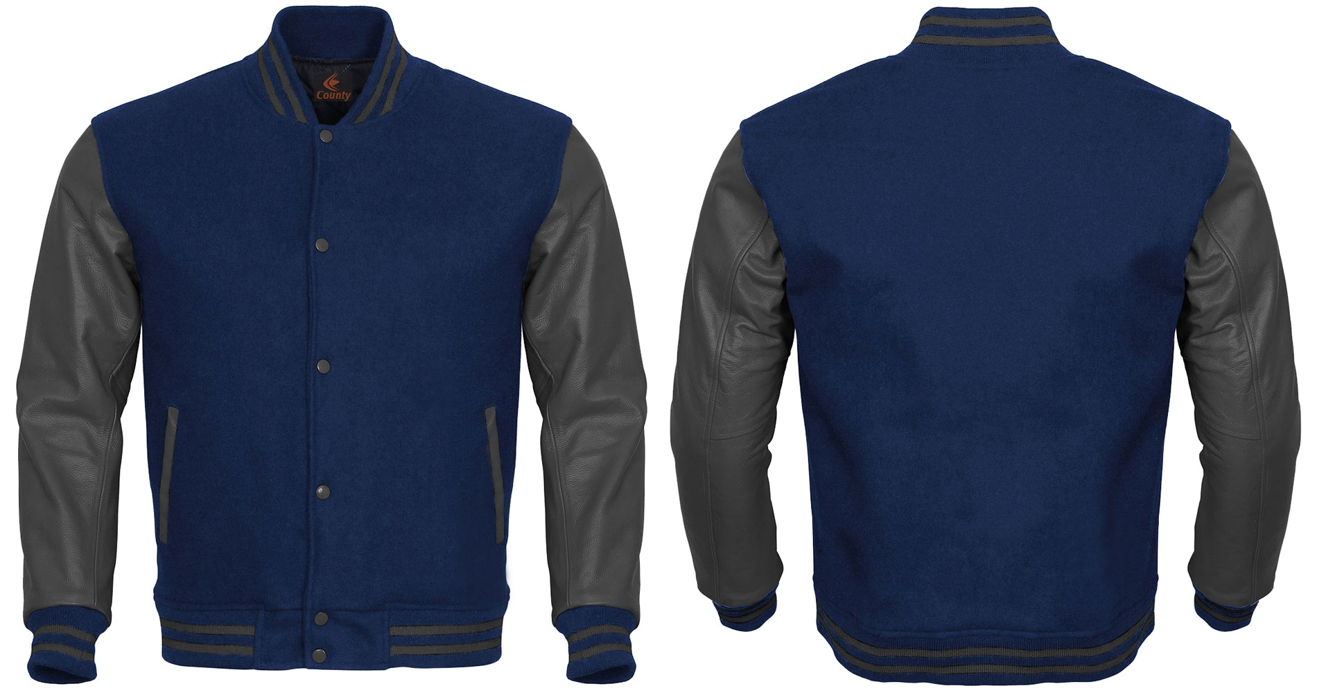 Team Varsity Jackets Navy Blue Body and Gray Leather Sleeves Varsity Jacket