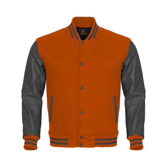 Varsity Jacket Women Orange Body and Gray Leather Sleeves Varsity Jacket