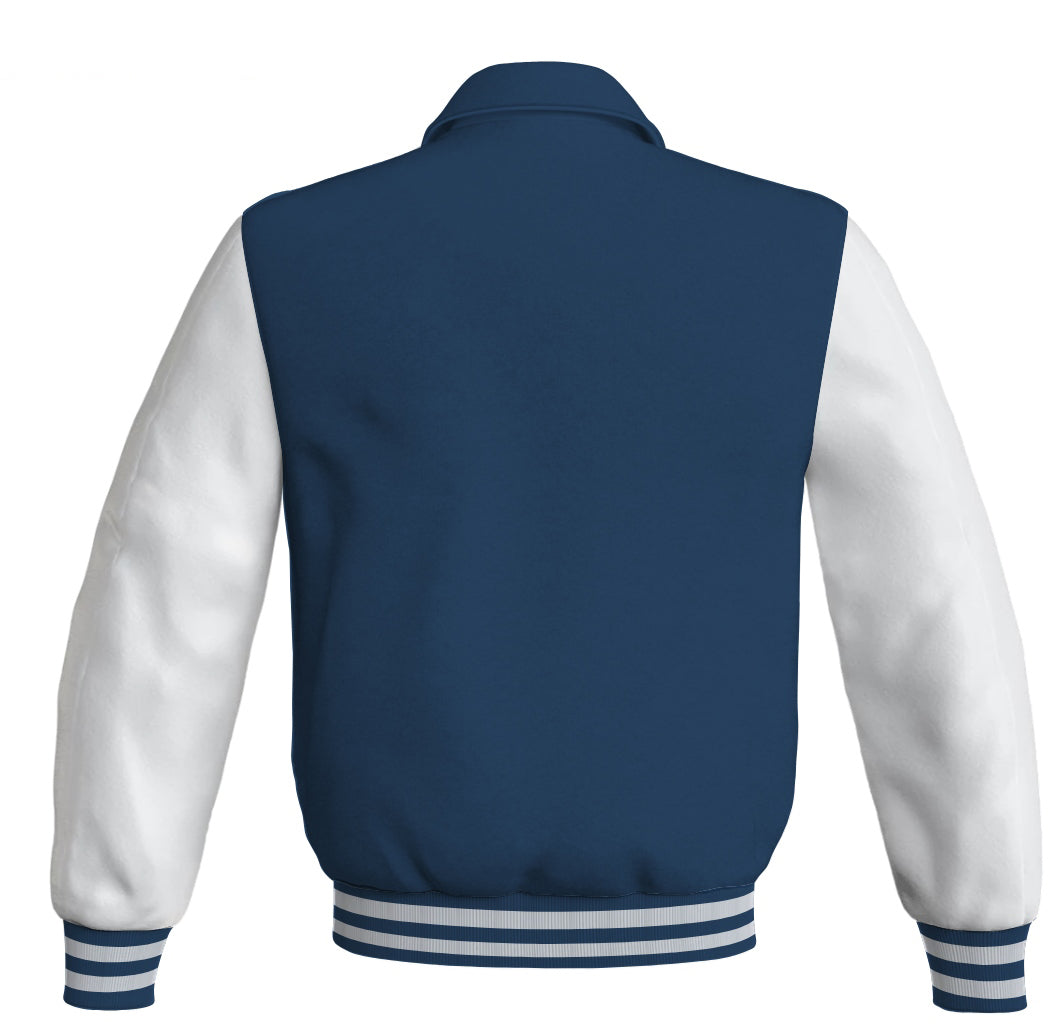 Letterman Varsity Classic Jacket Navy Blue Body and White Leather Sleeves