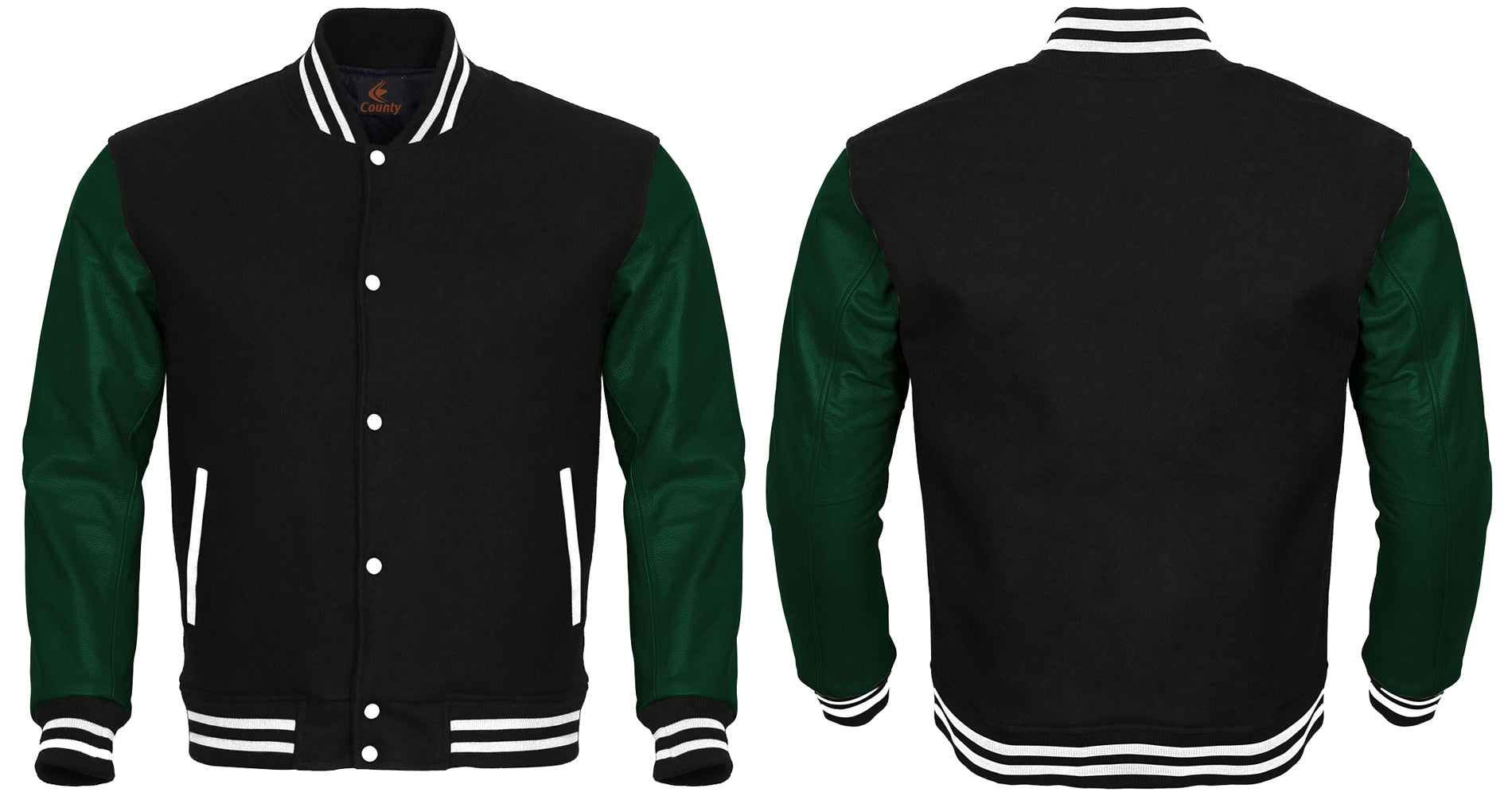 Team Varsity Jackets Black Body and Green Leather Sleeves Varsity Jacket