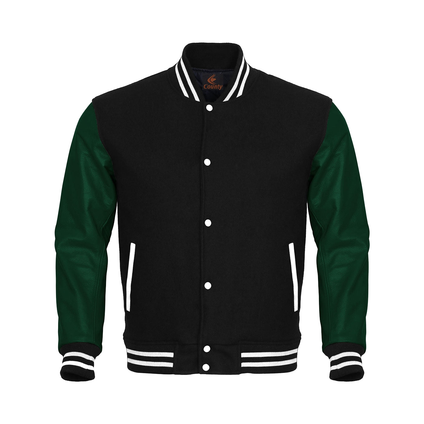 Team Varsity Jackets Black Body and Green Leather Sleeves Varsity Jacket