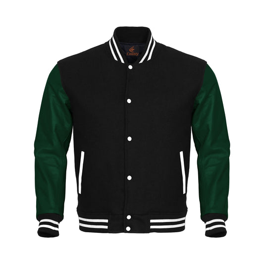 Team Varsity Jackets Black Body and Green Leather Sleeves Varsity Jacket