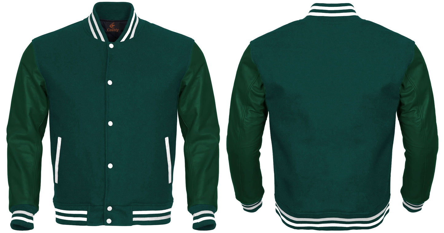 Varsity Jacket Mens Green Body and Green Leather Sleeves Varsity Jacket