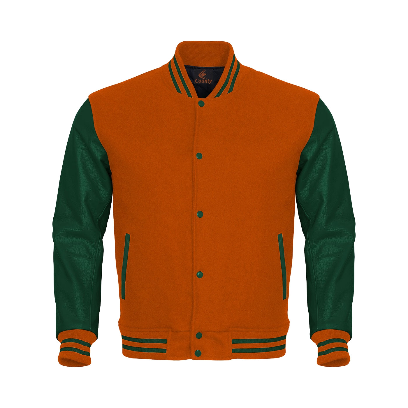 Varsity Jacket Women Orange Body and Green Leather Sleeves Varsity Jacket