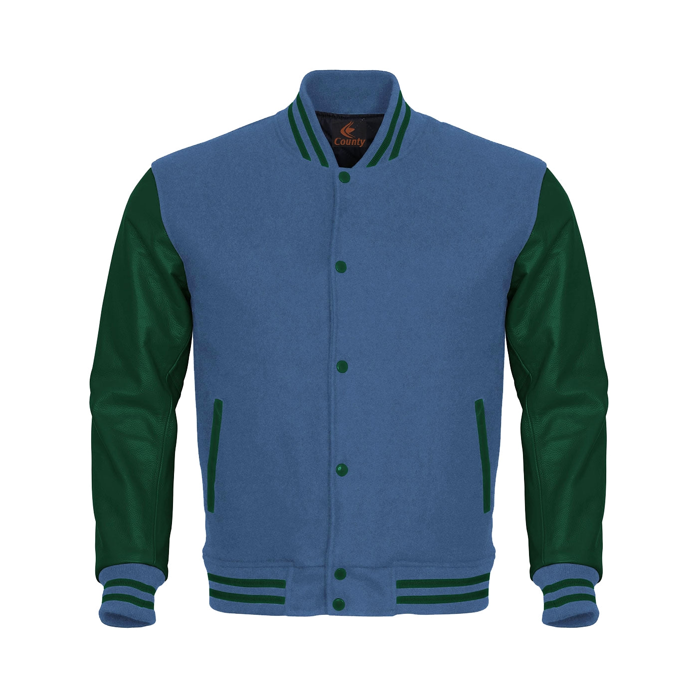 Varsity Jacket Women Sky Blue Body and Green Leather Sleeves Varsity Jacket