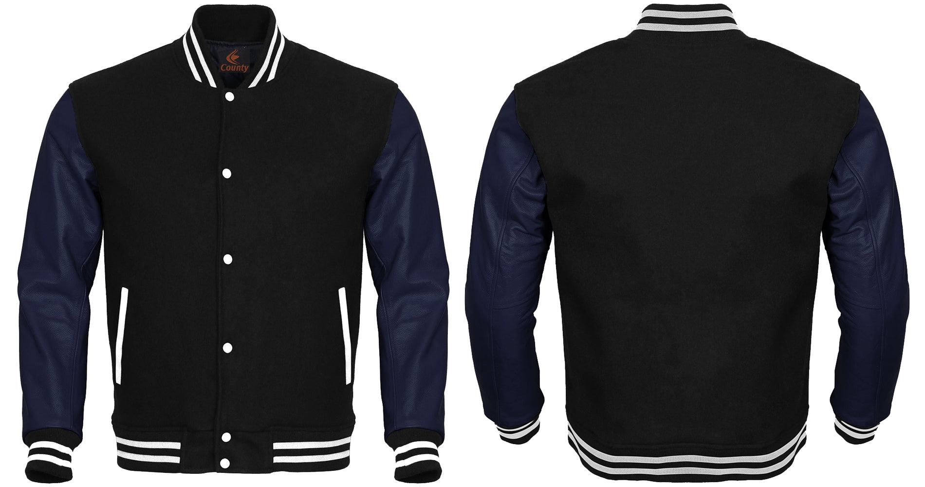 Letterman Jacket Black Body and Navy Blue Leather Sleeves Varsity Jacket