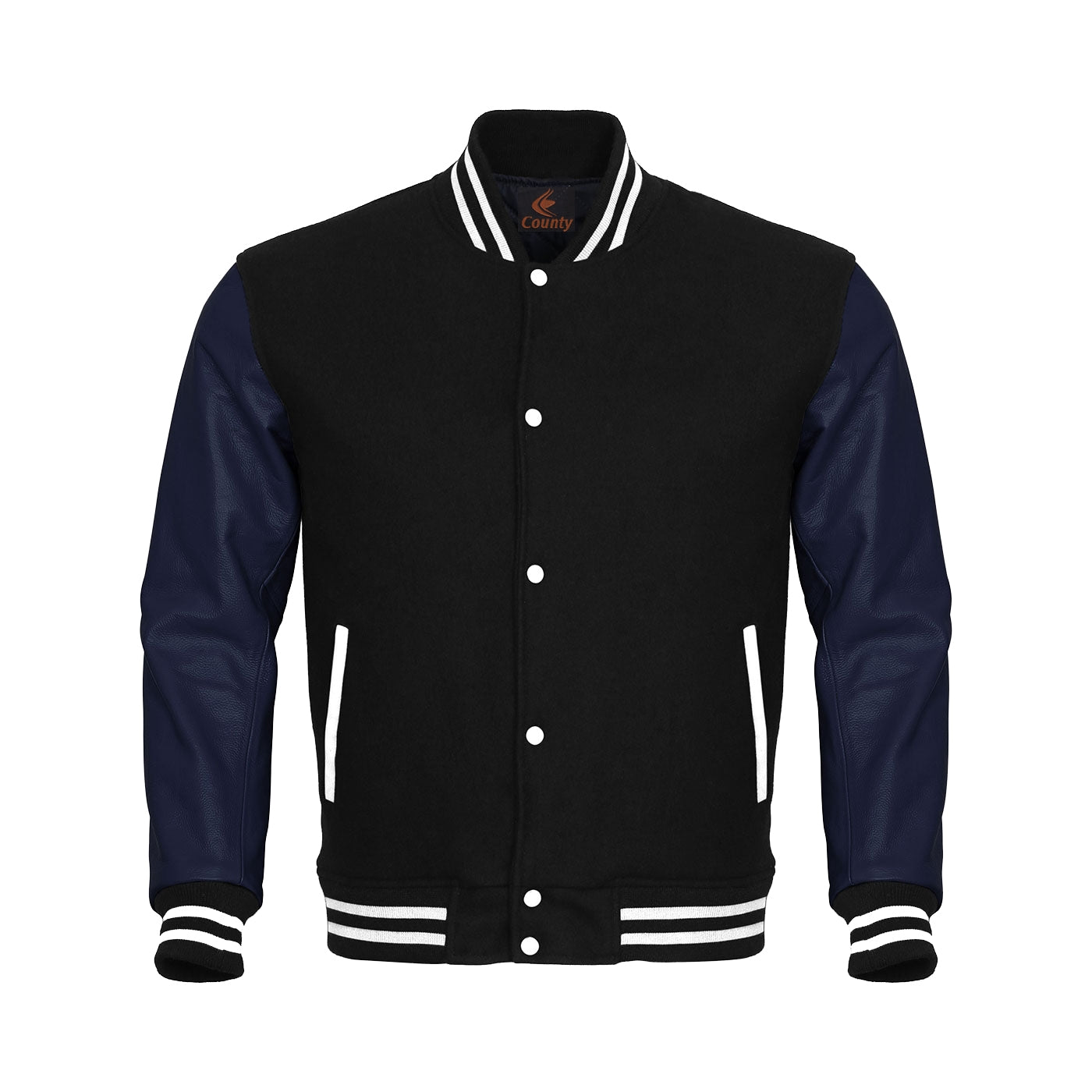 Letterman Jacket Black Body and Navy Blue Leather Sleeves Varsity Jacket