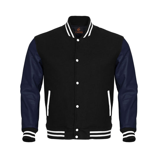 Letterman Jacket Black Body and Navy Blue Leather Sleeves Varsity Jacket