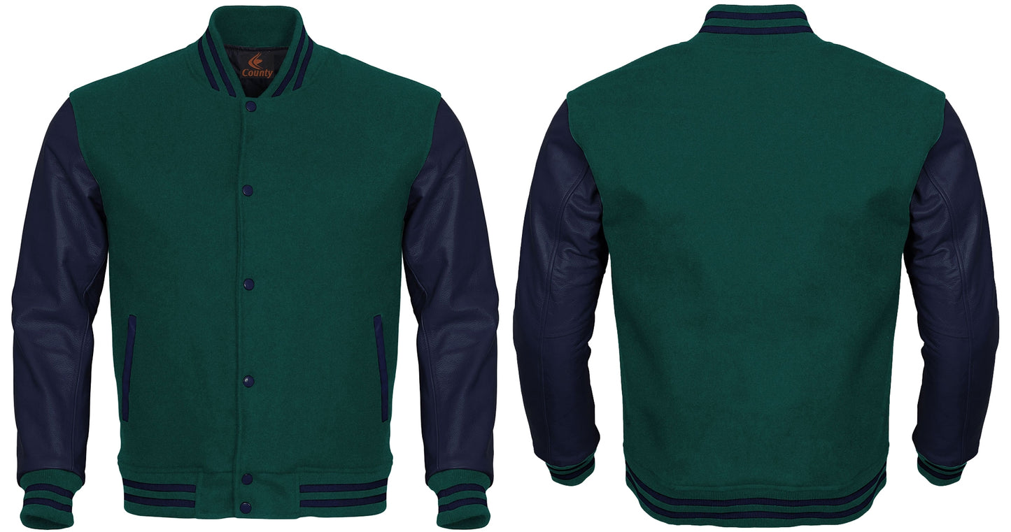 Varsity Jacket Mens Green Body and Navy Blue Leather Sleeves Varsity Jacket