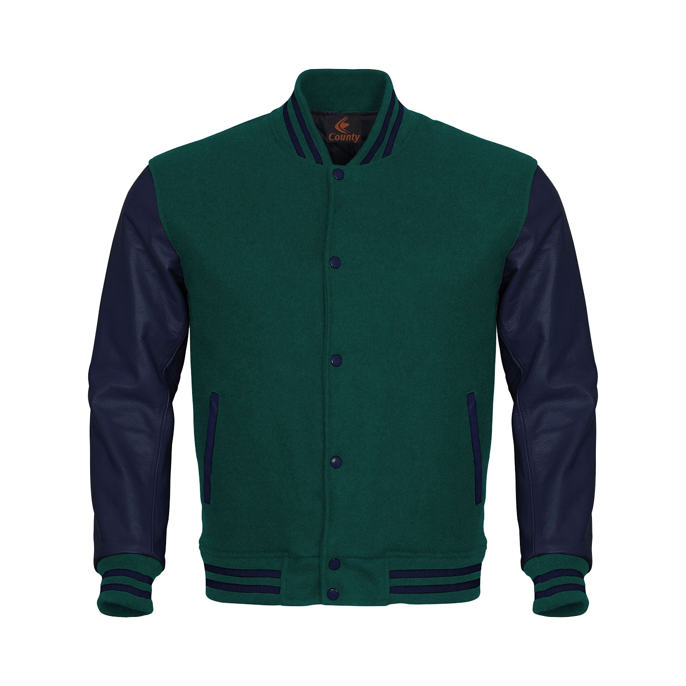 Varsity Jacket Mens Green Body and Navy Blue Leather Sleeves Varsity Jacket