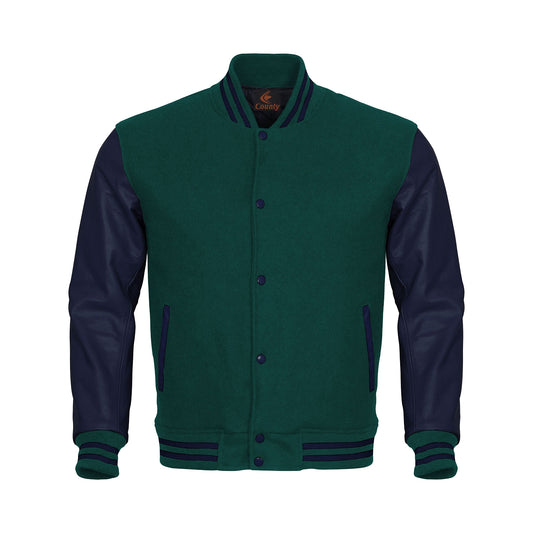 Varsity Jacket Mens Green Body and Navy Blue Leather Sleeves Varsity Jacket