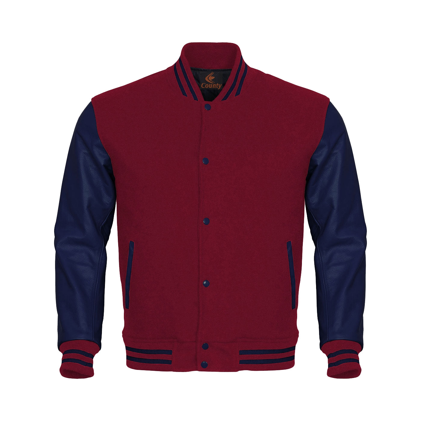 Custom Varsity Jackets Maroon Body and Navy Blue Leather Sleeves Varsity Jacket