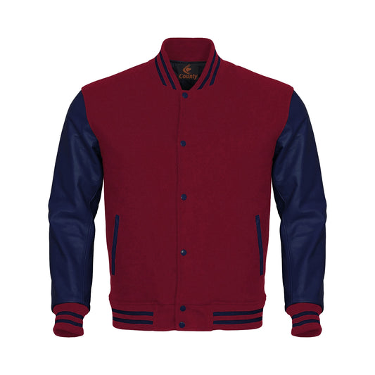 Custom Varsity Jackets Maroon Body and Navy Blue Leather Sleeves Varsity Jacket