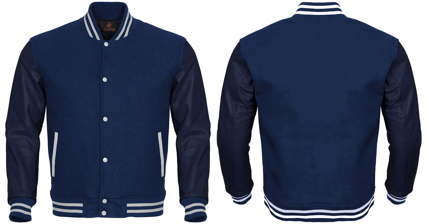 Team Varsity Jackets Navy Blue Body and Navy Blue Leather Sleeves Varsity Jacket