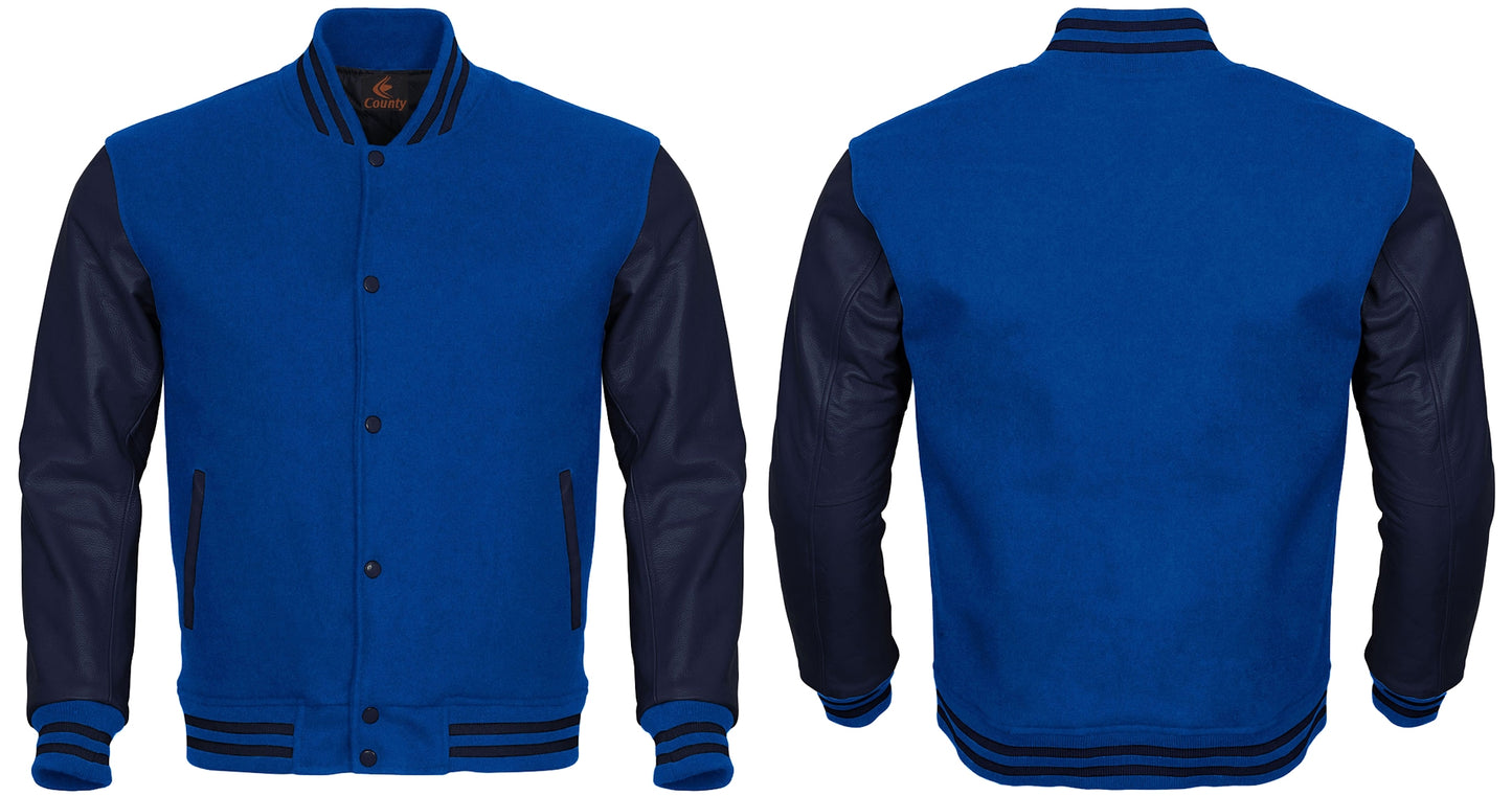 Varsity Jacket Mens Blue Body and Navy Blue Leather Sleeves Varsity Jacket