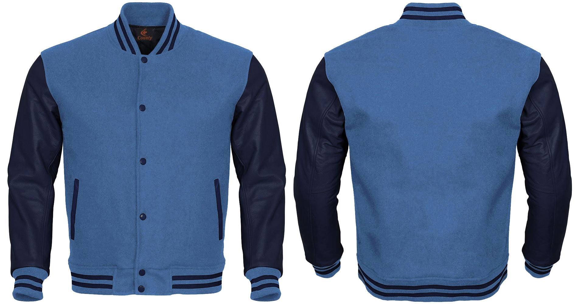 Varsity Jacket Mens Sky Blue Body and Navy Blue Leather Sleeves Varsity Jacket