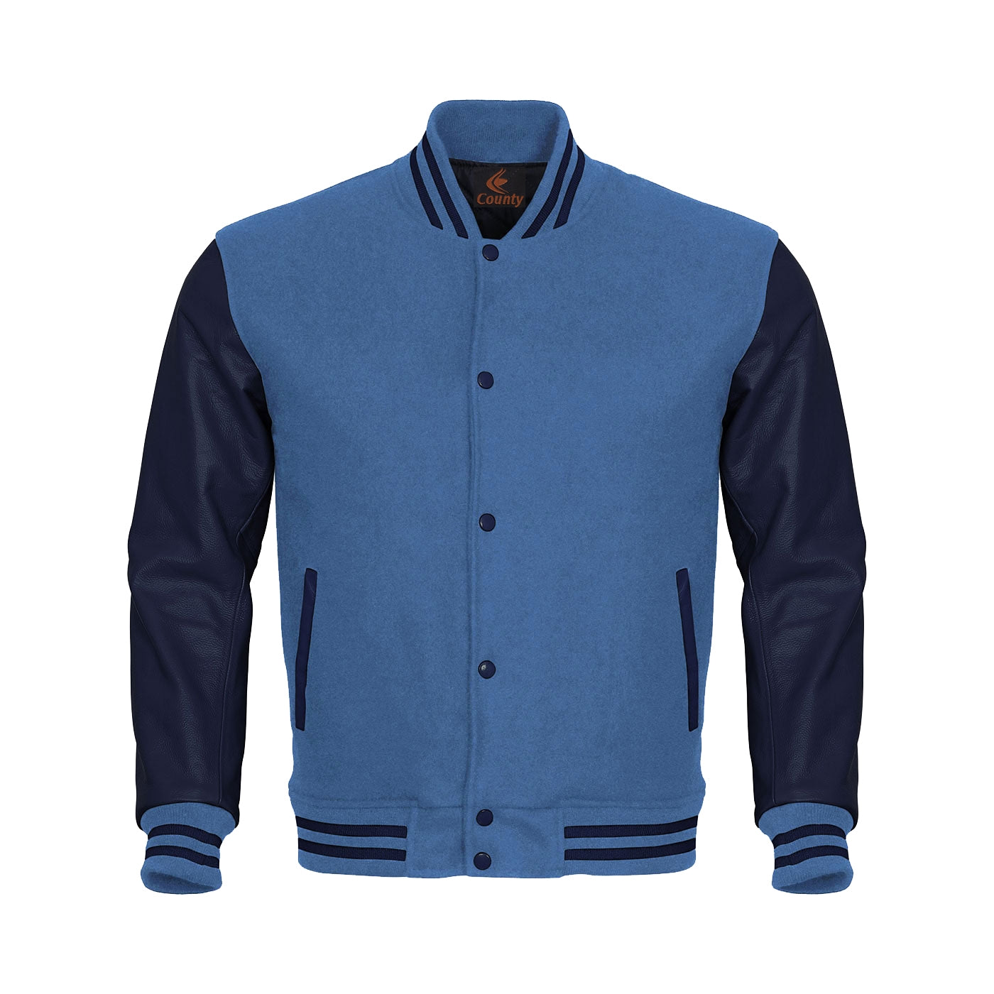 Varsity Jacket Mens Sky Blue Body and Navy Blue Leather Sleeves Varsity Jacket