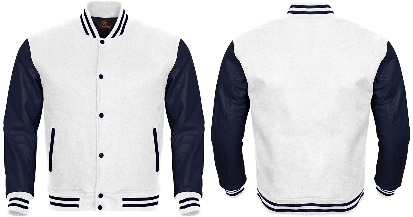 Varsity Jacket Mens White Body and Navy Blue Leather Sleeves Varsity Jacket