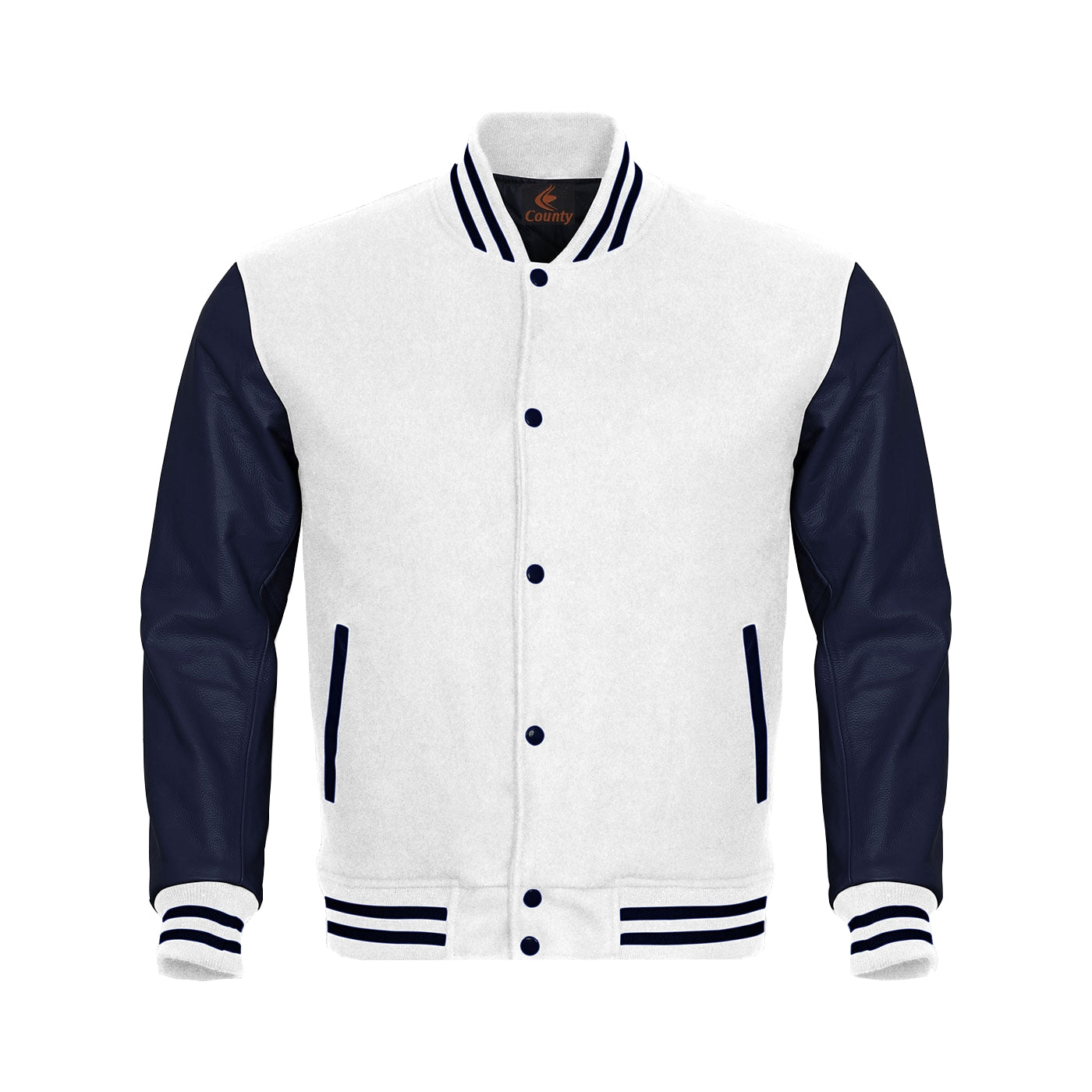 Varsity Jacket Mens White Body and Navy Blue Leather Sleeves Varsity Jacket