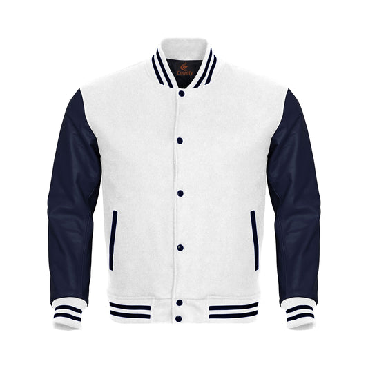 Varsity Jacket Mens White Body and Navy Blue Leather Sleeves Varsity Jacket