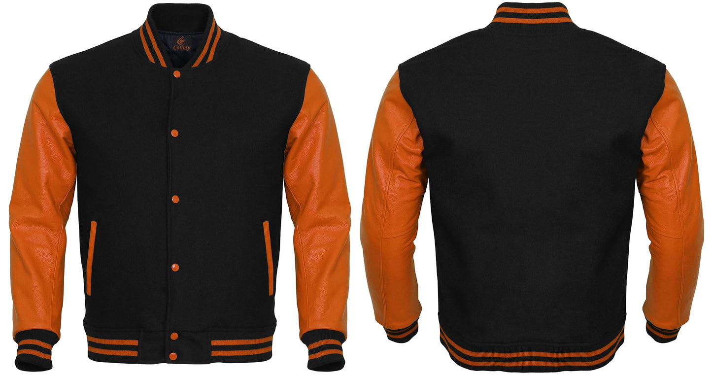 Letterman Jacket Black Body and Orange Leather Sleeves Varsity Jacket