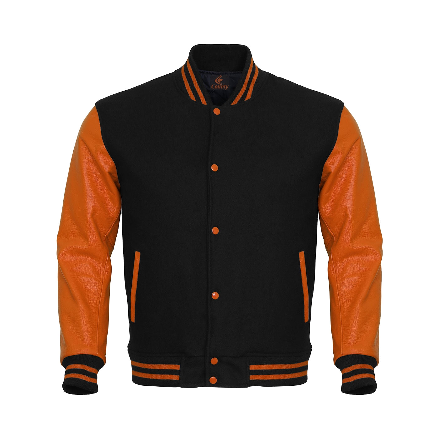 Letterman Jacket Black Body and Orange Leather Sleeves Varsity Jacket