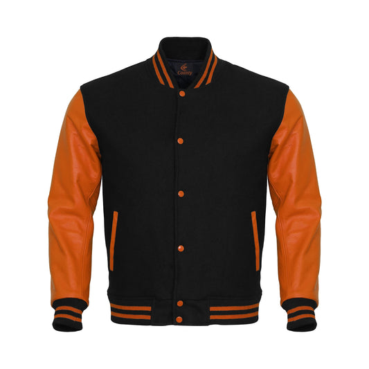 Letterman Jacket Black Body and Orange Leather Sleeves Varsity Jacket